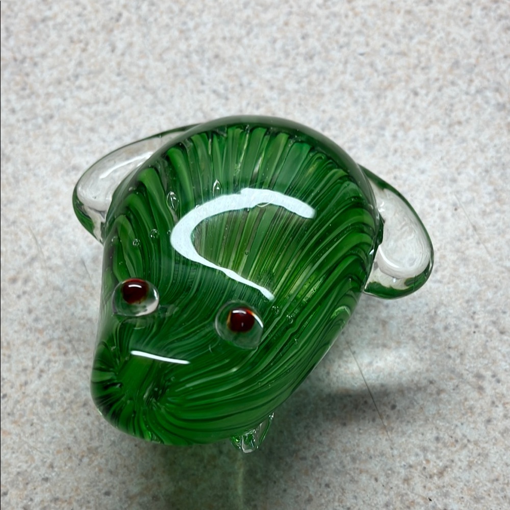 Green Striped Hand Blown Glass Frog Paperweight